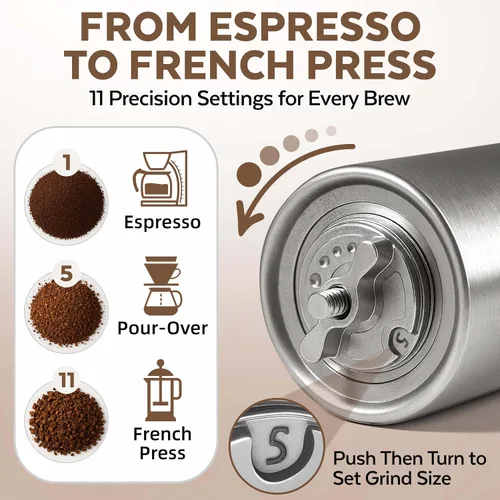 Vista 4 de ZaksCoffee - Molinillo de café manual con núcleo de acero inoxidable, molinillo de café de mano con 11 ajustes ajustables, mango y perilla
