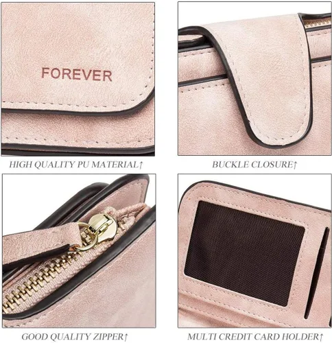 Vista 8 de KELEEL Cartera de cuero para mujer, monedero de embrague para tarjetas de crédito, soporte para monedas, plegable, Rosado, Classic