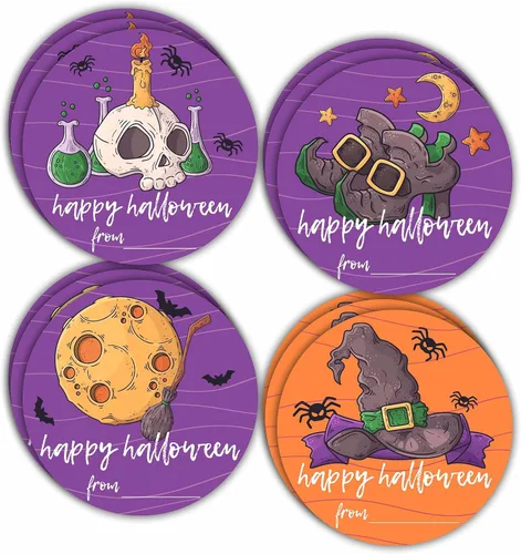Vista 7 de 40 etiquetas redondas de Halloween, calcomanías redondas con tema de boceto de 2 pulgadas para envoltura de Halloween, 4 estilos de calavera