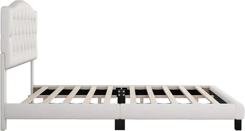 Vista 9 de DSHADE Base de cama Queen con plataforma tapizada de lino moderno, base de cama de madera maciza beige con cabecero, detalles capitoné de diamante