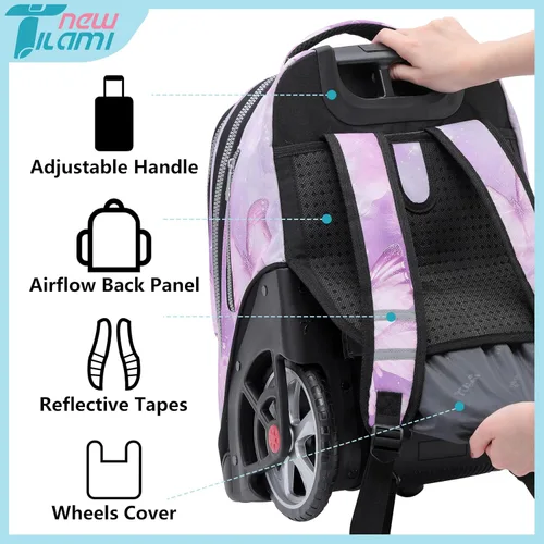 Vista 84 de NEW TILAMI Mochila con ruedas de 19 pulgadas con bolsa de almuerzo para niñas y niños, mochila para laptop con ruedas, bolsa de mano duradera