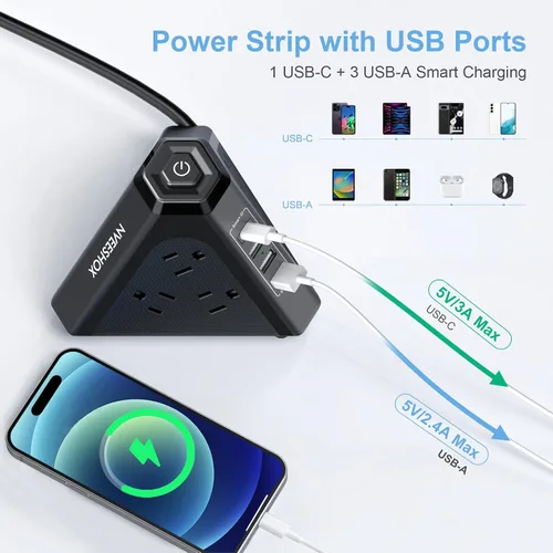 Vista 3 de NVEESHOX - Regleta de alimentación con protector de sobretensiones en torre, 9 salidas de CA con 4 puertos USB (1 USB C), enchufes triangulares de 3