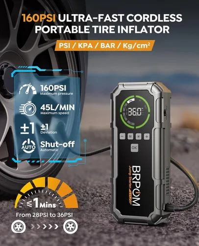 Vista 5 de Arrancador de batería con compresor de aire, BRPOM 8000A arrancador de batería portátil para automóvil (todo gasolina/12L diésel), paquete