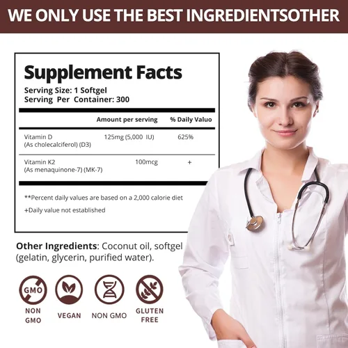 Vista 7 de 300 unidades de vitamina D3 K2 5000 UI + 100 mcg, aceite de coco, sin gluten, sin OGM, sin soja