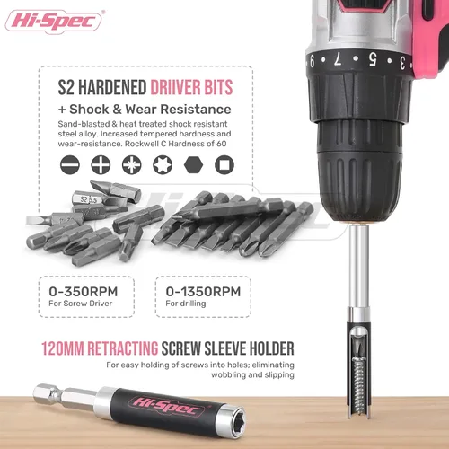 Vista 4 de Hi-Spec Juego de taladro inalámbrico rosa, taladro eléctrico de 18 V con batería y cargador, incluye juego de destornillador/brocas para madera