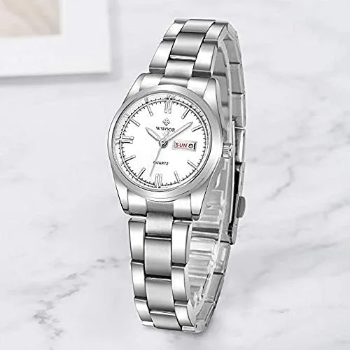 Vista 2 de MASTOP Reloj clásico de moda para mujer, resistente al agua, acero inoxidable, redondo, fecha, analógico, cuarzo, vestido, Blanco, Movimiento
