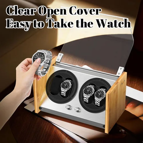 Vista 4 de Bobinadora de reloj para 4 relojes automáticos - Caja de bobinadora de relojes de bambú con motor silencioso, 4 modos de rotación Watch Winder Smith