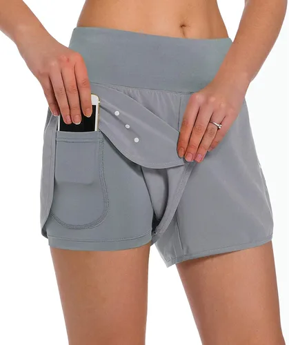 Vista 10 de Ksmien - Pantalones cortos de correr 2 en 1 para mujer, ligeros, para entrenamiento, gimnasio, yoga, forro con bolsillos para teléfono