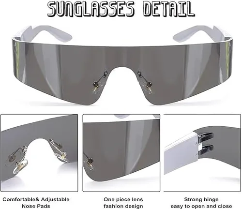 Vista 3 de Mldvect Lentes de sol futuristas Y2k sin montura Cyberpunk Visera, lentes de sol a la moda para mujeres y hombres