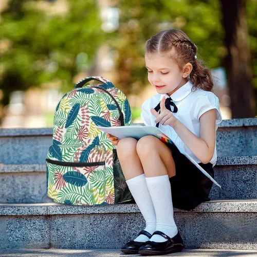 Vista 5 de Mochila escolar de hombro, mochila informal para viajes, deportes al aire libre, para mujeres, niñas, niños y adolescentes, Hoja Hawaiana, Tropical
