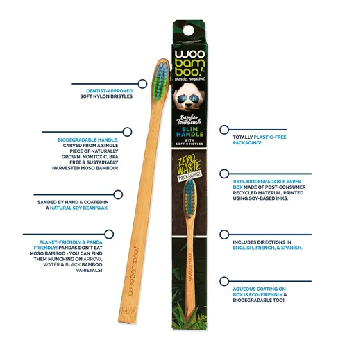 Vista 2 de Woobamboo! Cepillo de dientes de bambú, mango delgado, cerdas suaves, cerdas de nailon sin BPA, ecológico, biodegradable, compostable, vegano