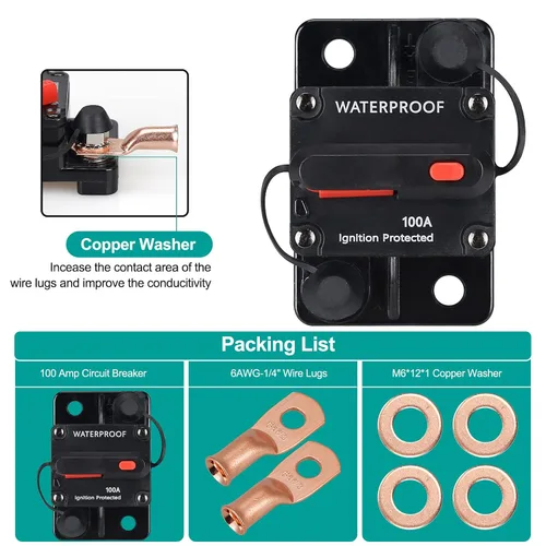 Vista 2 de Disyuntor de 100 amperios, con reinicio manual, impermeable, 12V-48V DC, 30-311A, para protección manual de potencia de audio del sistema