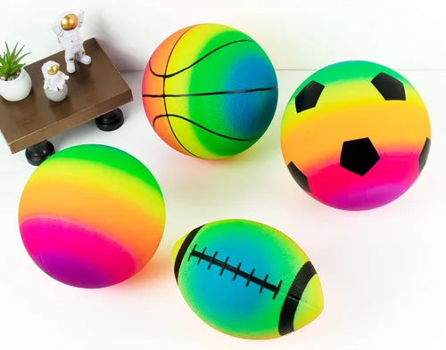 Vista 3 de Homotte Rainbow Sports Balls Paquete de 4, 1 de cada una de 8.5" Fútbol Americano, Baloncesto, Fútbol y Voleibol para Patio de Juegos, Juego