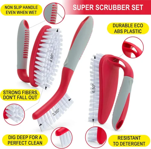 Vista 2 de Juego de 3 cepillos de limpieza con mango ergonómico y cerdas duraderas - Cepillo limpiador de lechada - Cepillos para limpiar baño, ducha