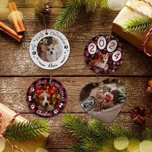 Vista 3 de 4 paquetes de adornos de Navidad personalizados con foto, adornos de Navidad personalizados para perros 2023 para árbol de Navidad, cachorros