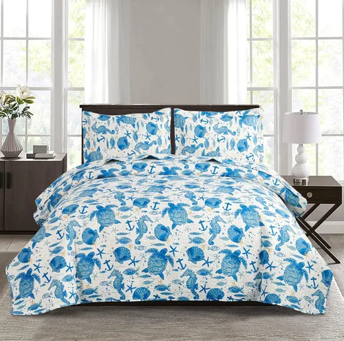 Vista 13 de Juego de edredón de tamaño Queen - Edredón ligero reversible, colcha, cubrecama - Ropa de cama costera - Decoración del hogar con concha de estrella