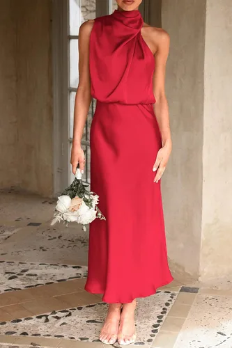 Vista 5 de PRETTYGARDEN Vestido de satén de verano 2023 para mujer, elegante, sin mangas, con cuello alto falso, para cóctel, fiesta, maxi vestidos
