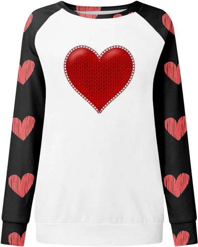 Vista 6 de Sudaderas para el día de San Valentín para mujer, blusas de cuello redondo, casuales, camisetas de manga larga con estampado de corazón