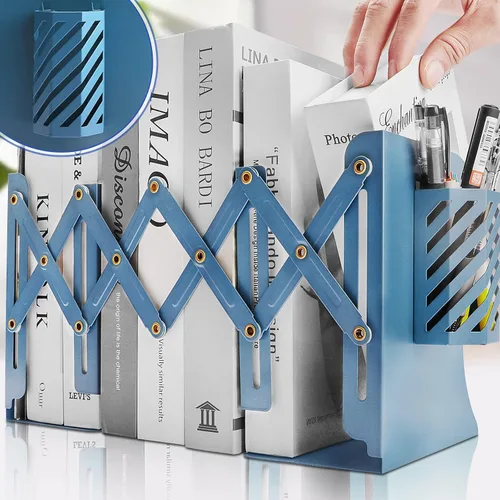 Vista 7 de Extremos de libros resistentes para sostener libros con soporte para bolígrafos, sujetalibros ajustables, extremos de metal para estantes, soportes