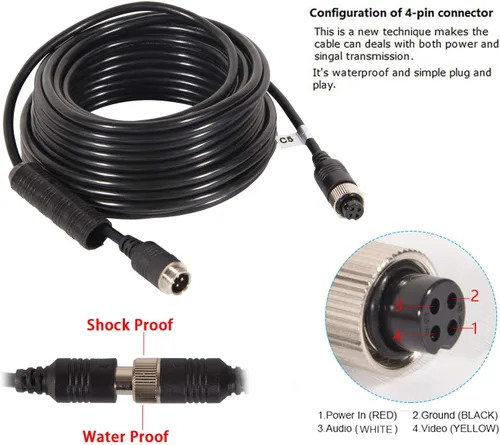 Vista 3 de DALLUX Cable de cámara de respaldo de 4 pines, cable de extensión de aviación de energía de video para vehículo, automóvil, cámper, autobús