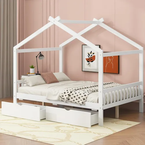 Vista 10 de Merax Cama de plataforma de casa de tamaño individual con cabecero y estribo, marco de cama de madera con diseño de techo para dormitorio,