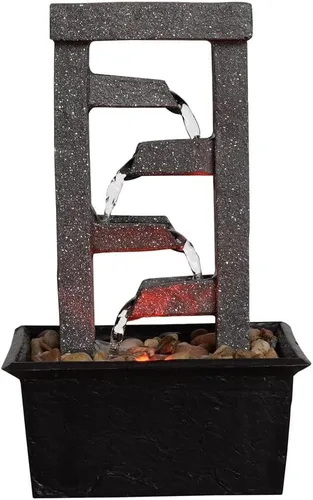 Vista 2 de GOSSI Fuente de cascada de mesa de 4 niveles de 10 pulgadas con rocas naturales de río, luces LED, función de agua interior de resina