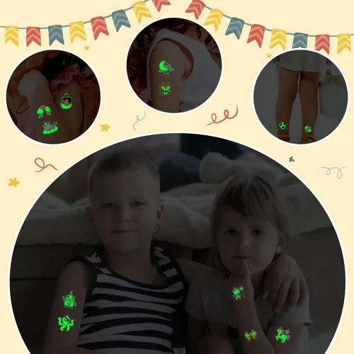 Vista 6 de Partywind 204 estilos de tatuajes temporales luminosos para niños, suministros de fiesta brillantes, regalos para bolsas de regalos, divertidas