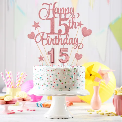 Vista 4 de El juego de decoraciones para tartas de cumpleaños de 15 años incluye velas digitales 1 y 5 números 15 velas para tartas y adornos de feliz Serie