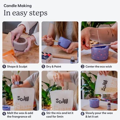 Vista 4 de Sculpd Kit de alfarería para hacer velas para adultos con arcilla secada al aire y juego de pintura acrílica, cera de soja ecológica no tóxica