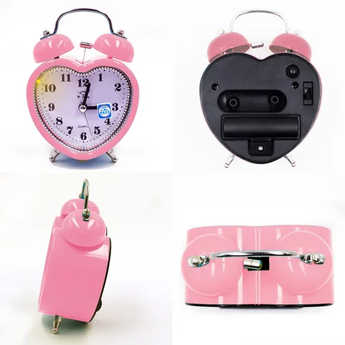 Vista 5 de Reloj despertador de plástico con forma de corazón pequeño de 3 pulgadas con forma de corazón duro, silencioso, analógico, de cuarzo
