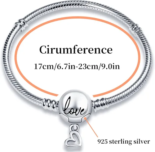 Vista 4 de LENDPLEX Pulsera de dije para dijes Pandora, plata de ley 925, cierre de corazón básico, pulsera de cadena de serpiente, regalo para niñas y mujeres