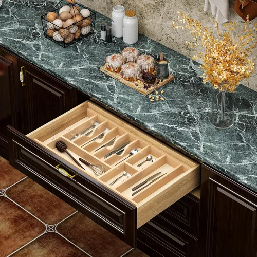 Vista 6 de Clikuutory Organizador de cajones de utensilios de madera de abedul natural con 12 compartimentos, bandeja divisora de cubiertos resistente que