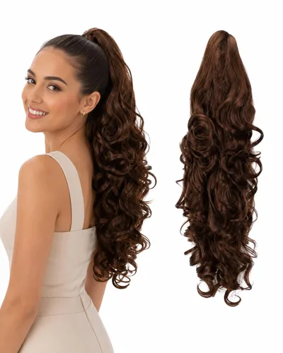 Vista 9 de Prettyshop - Extensión de cola de caballo de 24 pulgadas con clip, larga, voluminosa, ondulada, resistente al calor, color negro H63 Negro # 1 H63