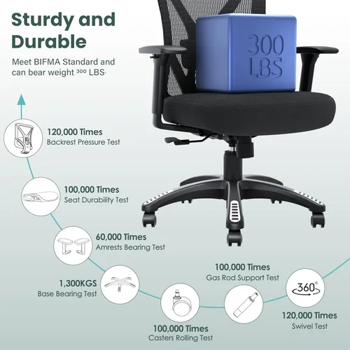 Vista 6 de Silla de oficina ergonómica, sillas de escritorio de malla para computadora con soporte lumbar ajustable, reposabrazos 3D, función de inclinación