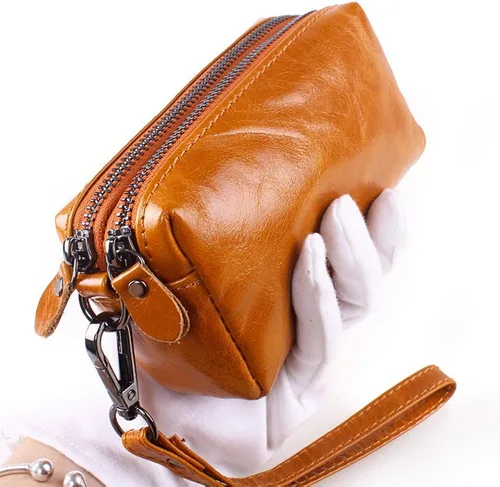 Vista 7 de BOSHIHO Piel Auténtica Wristlets garras teléfono celular bolsa cartera con cierre doble Marrón
