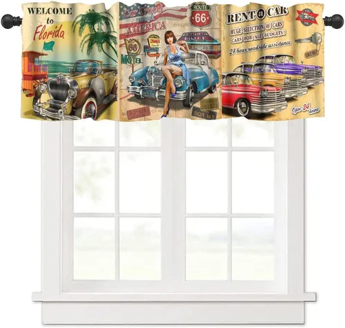 Vista 13 de Cortina de cenefas retro de los años 50, reparación de publicidad de automóvil, garaje, clásicos, bolsillo para barra, tratamientos de ventana corta