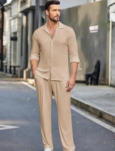 Vista 2 de COOFANDY Conjunto de 2 piezas para hombre, de manga larga, casual, con botones, camisa y pantalones, Camello