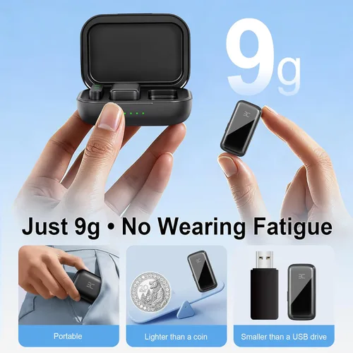 Vista 4 de EX Sistema de micrófono inalámbrico Lavalier, micrófonos de doble clip + funda de carga, rango de 164 pies Plug-and-Play para iPhone/Android