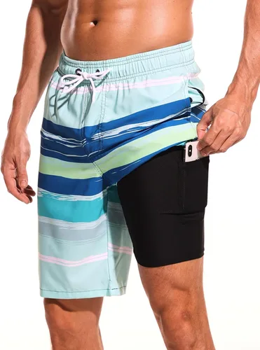 Vista 28 de Difficort - Traje de baño para hombre con forro de compresión, pantalones cortos de secado rápido con bolsillos con cremallera 1-a/ Rayas negras