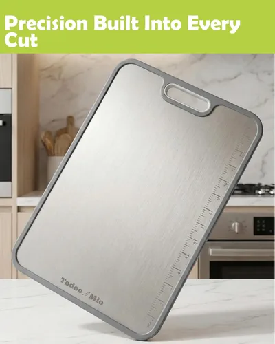 Vista 7 de Tabla de cortar de titanio para cocina: regla de medición integrada, tabla de cortar de metal grande de doble cara, tabla de cortar apta