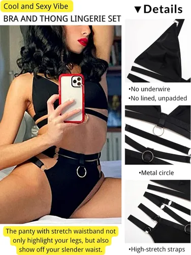 Vista 2 de KaeiShi Nailon opaco con tiras bralette tanga de cintura alta lencería de 2 piezas