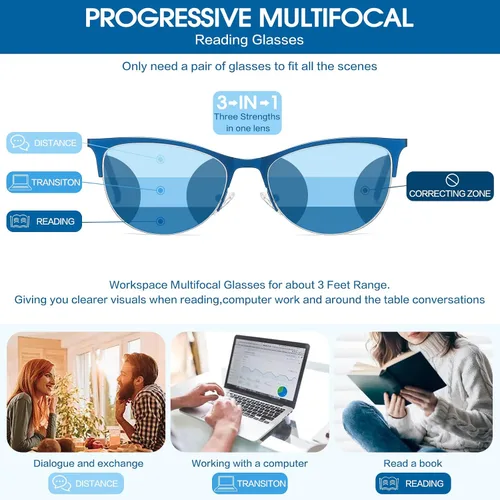 Vista 4 de Gafas de lectura multifocales para mujer, progresivas multifocales, luz azul, lector de computadora, ojo de gato, metal, medio marco, sin línea