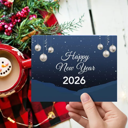 Vista 4 de Tarjetas de felicitación de feliz año nuevo 2026 – Nochebuena azul nevada de invierno, Navidad, Año Nuevo, vacaciones, saludos, invitaciones