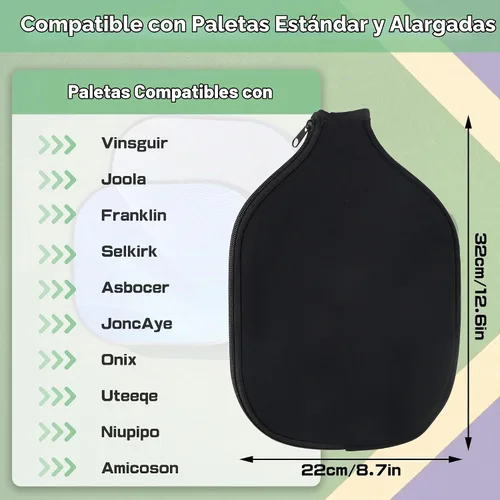 Vista 2 de 2 fundas de paleta de pickleball, neopreno duradero universal de 8.26 x 11.8 pulgadas con cremallera, bolsa de almacenamiento, se adapta a raquetas