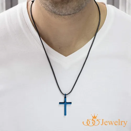 Vista 3 de 555Jewelry - Collar con dije de cruz de acero inoxidable ajustable con cordón negro Azul