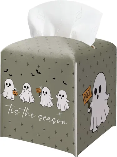 Vista 16 de Soporte para caja de pañuelos de Halloween con tapa cuadrada de cuero negro, organizador de papel facial, dispensador de papel higiénico para baño