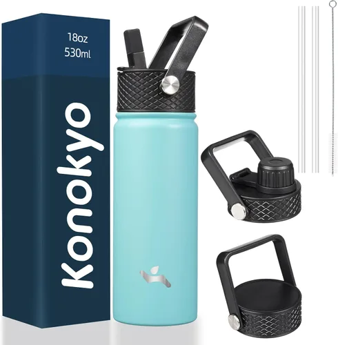 Vista 61 de Konokyo - Botella de agua aislada de 18 onzas, botellas deportivas de acero inoxidable con 3 tapas, verde militar