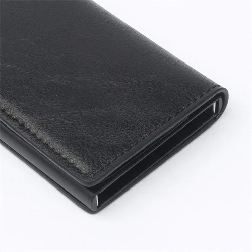 Vista 5 de CHJGLNL Cartera de cuero genuino para hombre bloqueo RFID de aluminio automático para tarjetas de crédito A-Negro Slim