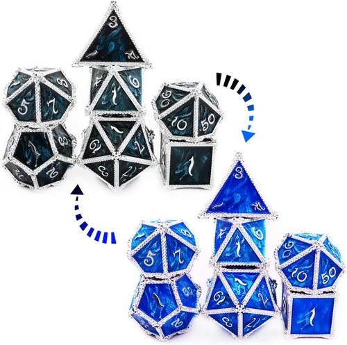 Vista 9 de Juego de dados de metal con hojas de vid mágicas huecas, juego de 7 dados para juegos de rol, dados de D&D Dungeons and Dragons