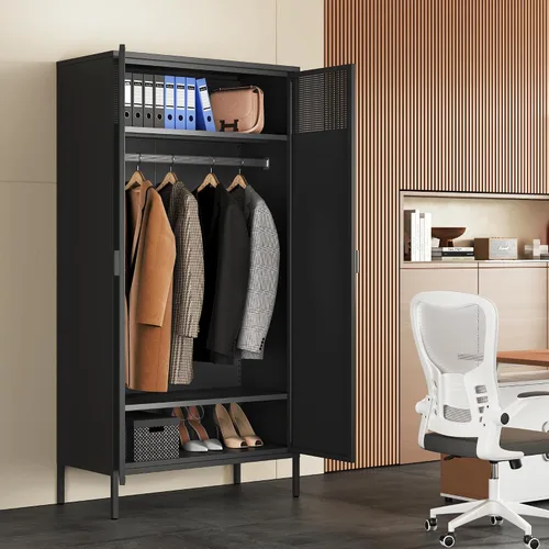 Vista 91 de Gabinete de almacenamiento de metal ancho negro, gabinete de acento de 2 puertas para el hogar y la oficina, gabinete de metal bajo de 2 niveles